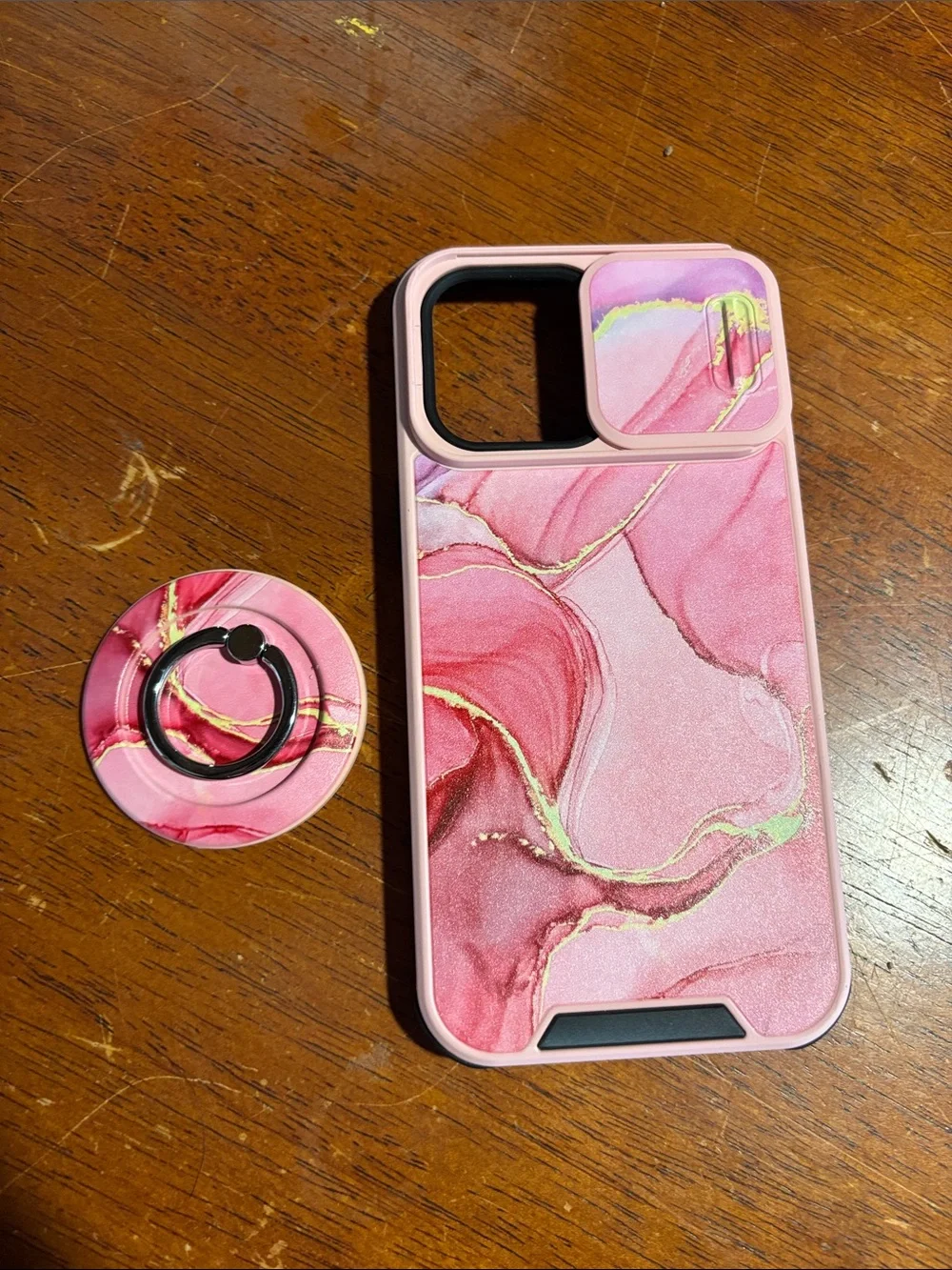 Pink Marble Sliding Lens Case with Matching Ring Holder for iPhone 14 Pro Max